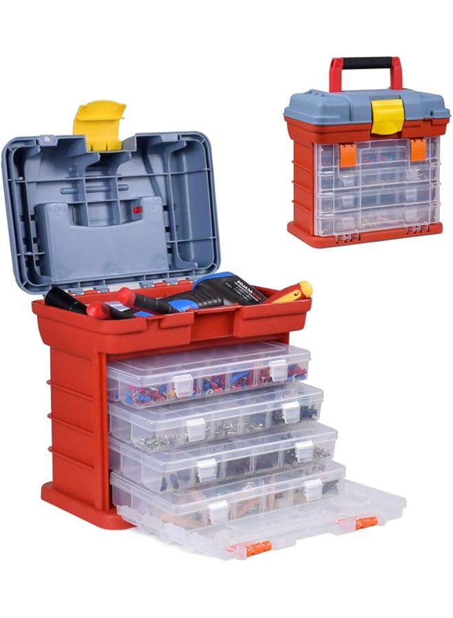 PROMASS promass Hardware Box Storage, Small Utility Tool Storage Box, Portable Crafts Organizer Case with 4 Drawers, for Screws Nuts, Bolts, Orange  - Image 1