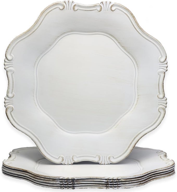 WHITE CHARGER PLATES SET OF 6 DECORATIVE TABLE PLASTIC CHARGERS FOR DINNER PLATES PARTY WEDDING THANKSGIVING CHRISTMAS JX11W