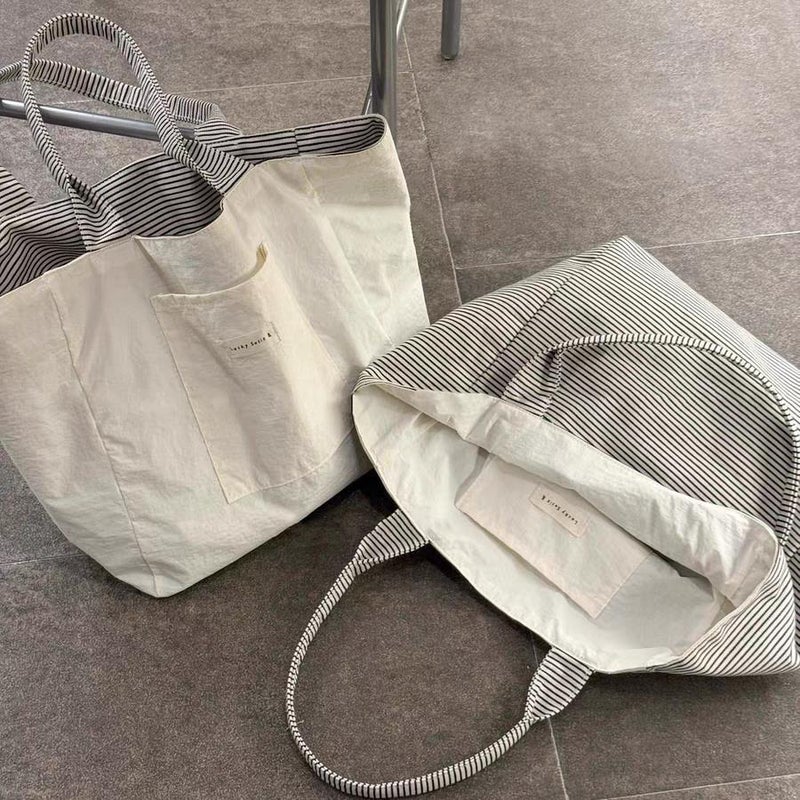 Korean Style Striped Canvas Tote Bag Large Capacity Shoulder Bag - Image 1