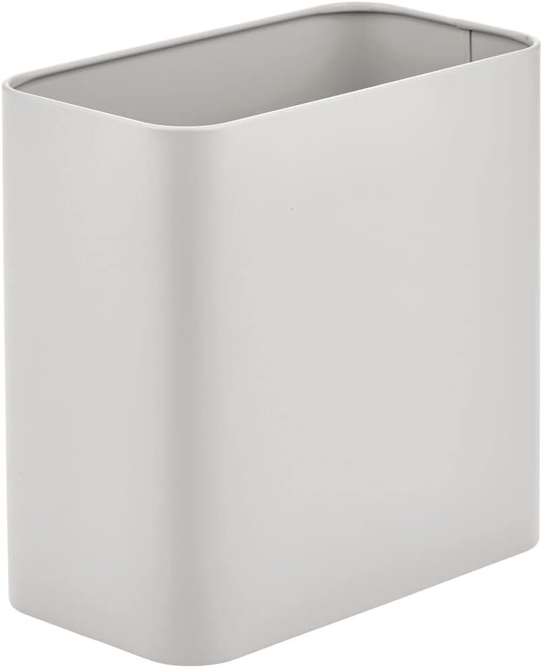 mDesign Small Rectangular Steel Trash Can, Narrow Wastebasket, Slim Garbage Container Bin, 2.4 Gallon for Bathroom, Bedroom, Kitchen, Home Office, Dorm, Recycling Waste Basket - Light Gray - Image 1