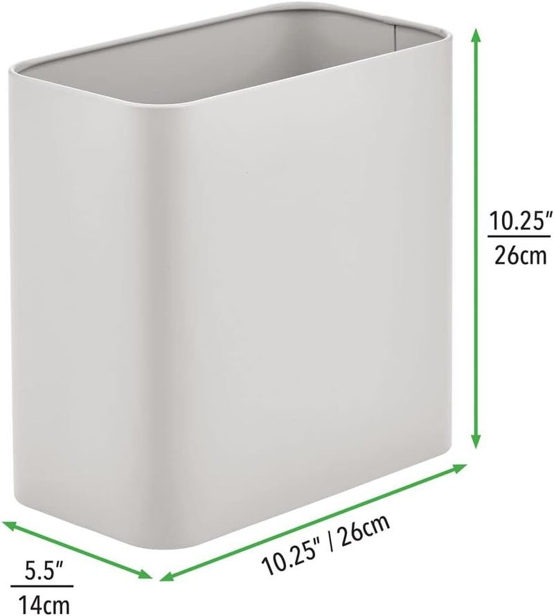 mDesign Small Rectangular Steel Trash Can, Narrow Wastebasket, Slim Garbage Container Bin, 2.4 Gallon for Bathroom, Bedroom, Kitchen, Home Office, Dorm, Recycling Waste Basket - Light Gray - Image 3