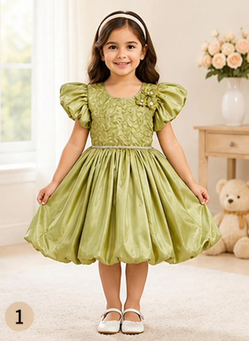 أرتيميا Artemea Toddler Girls Embellished Puff Sleeve Bubble Hem Party Dress - Olive Green