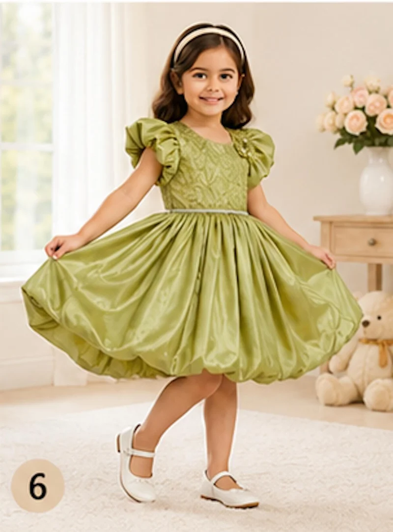 أرتيميا Artemea Toddler Girls Embellished Puff Sleeve Bubble Hem Party Dress - Olive Green