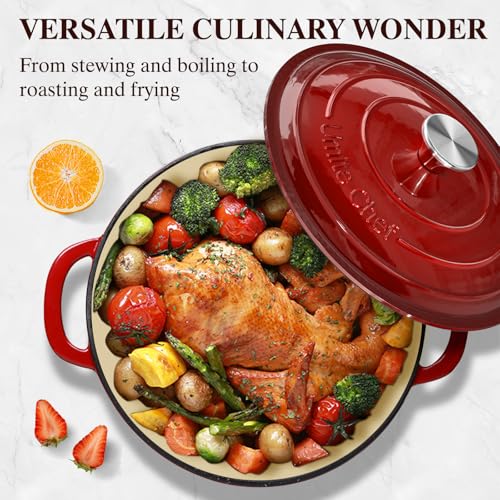 Umite Chef وعاء هولندي من الحديد الزهر المينا - وعاء أوميت شيف 5QT مع غطاء وقفازات قطنية - أدوات طهي ثقيلة لتحضير الخبز، والطهي البطيء، واليخنات، والشواء (أحمر) - Image 4