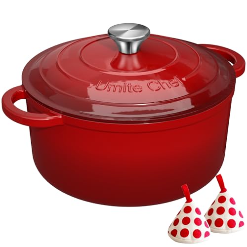 Umite Chef وعاء هولندي من الحديد الزهر المينا - وعاء أوميت شيف 5QT مع غطاء وقفازات قطنية - أدوات طهي ثقيلة لتحضير الخبز، والطهي البطيء، واليخنات، والشواء (أحمر) - Image 1