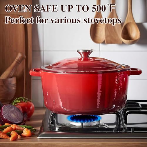 Umite Chef وعاء هولندي من الحديد الزهر المينا - وعاء أوميت شيف 5QT مع غطاء وقفازات قطنية - أدوات طهي ثقيلة لتحضير الخبز، والطهي البطيء، واليخنات، والشواء (أحمر) - Image 5