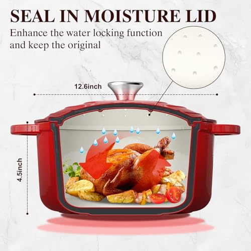Umite Chef وعاء هولندي من الحديد الزهر المينا - وعاء أوميت شيف 5QT مع غطاء وقفازات قطنية - أدوات طهي ثقيلة لتحضير الخبز، والطهي البطيء، واليخنات، والشواء (أحمر) - Image 2