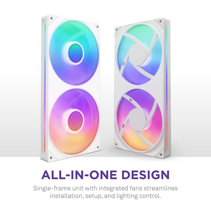 NZXT F280 RGB Core - 280mm Single-Frame Fan Unit with 2 x 140mm RGB Fans - Speed & Lighting Control - High Static Pressure & Airflow - Fluid Dynamic Bearings - 8 aRGB LEDs Per Fan - White - Image 2