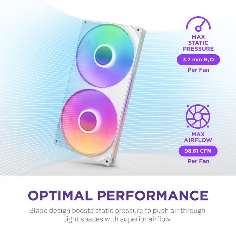 NZXT F280 RGB Core - 280mm Single-Frame Fan Unit with 2 x 140mm RGB Fans - Speed & Lighting Control - High Static Pressure & Airflow - Fluid Dynamic Bearings - 8 aRGB LEDs Per Fan - White - Image 4