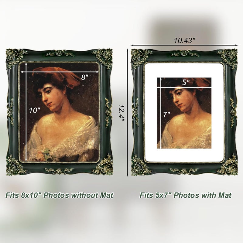 FJXMFRAME Green Picture Frame 8x10 Vintage Picture Frames Antique Ornate Baroque Victorian Handcrafted for Wall or Tabletop Display, Fits 8x10 or 5x7 Photo with Mat - Image 5