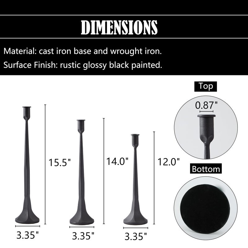Denique Iron Taper Candle Holder Set of 3, Black Candlestick Holders Decorative Candle Stand, Tapered Candle Holders Tall Set for Wedding, Dining Table, Home Decoration (Black) - Image 2
