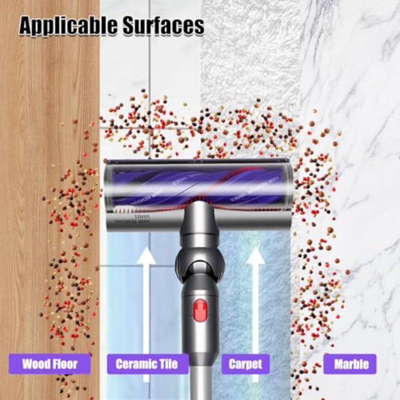 Hard wood and carpet cleaning brush head with anti-tangle nylon bristles in black, featuring quick-release motorized design for efficient debris removal - Image 4
