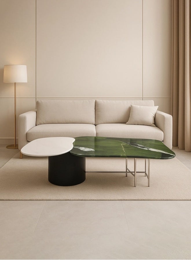 YI ONE طاولة قهوة – سطح رخامي فاخر مع أرجل معدنية وخشبية، سطح رخامي أخضر، 1450×735×340 مم - Image 2