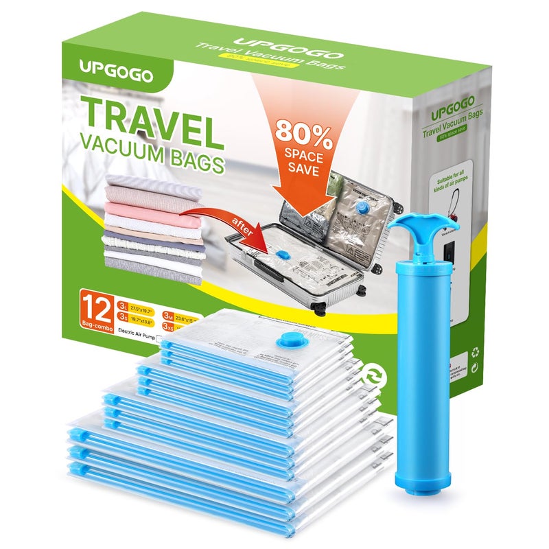 UPGOGO Vacuum Bags for Travel 12 Pack with Hand Pump Space Saver Vacuum Storage Bags Travel Essentials Clothes Blankets Pillows