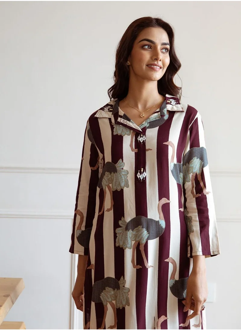 آي شين Straight Fit Printed Pattern Round Neck Long Sleeves Maroon Colour Knitted Cotton Kurta Set for Women with Semi Elastic Closure - An Ideal Pick for Any Occasion