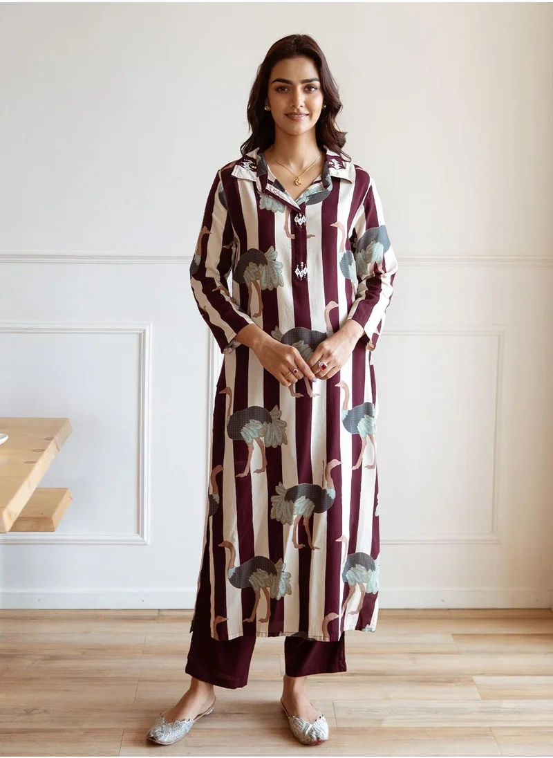 آي شين Straight Fit Printed Pattern Round Neck Long Sleeves Maroon Colour Knitted Cotton Kurta Set for Women with Semi Elastic Closure - An Ideal Pick for Any Occasion
