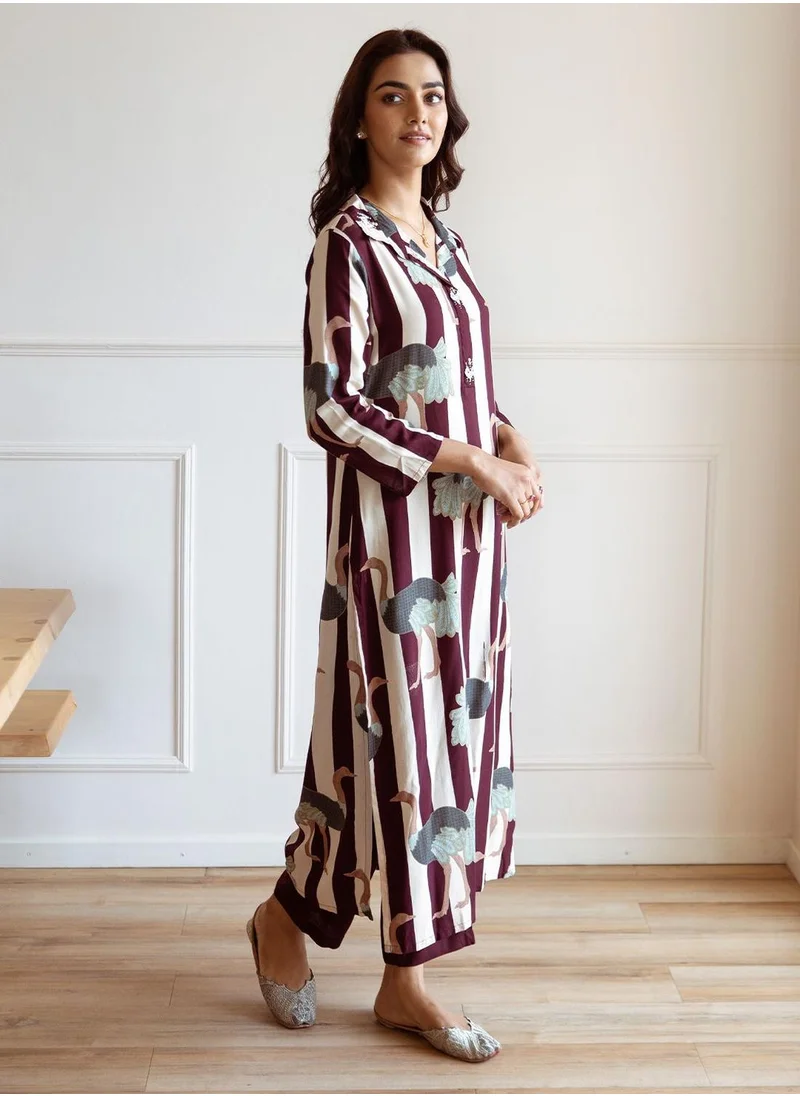 آي شين Straight Fit Printed Pattern Round Neck Long Sleeves Maroon Colour Knitted Cotton Kurta Set for Women with Semi Elastic Closure - An Ideal Pick for Any Occasion