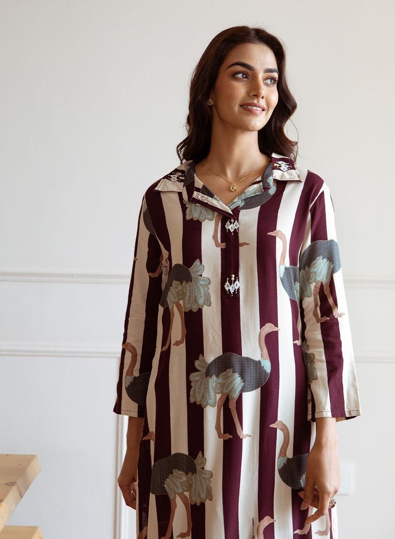 ISHIN Women's Maroon 100% Cotton Printed Straight Fit Kurta Set  - Image 3