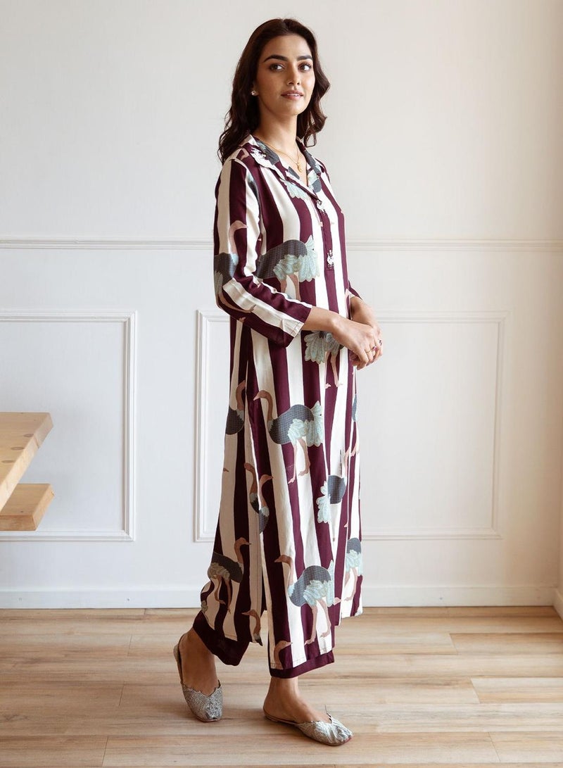 ISHIN Women's Maroon 100% Cotton Printed Straight Fit Kurta Set  - Image 5