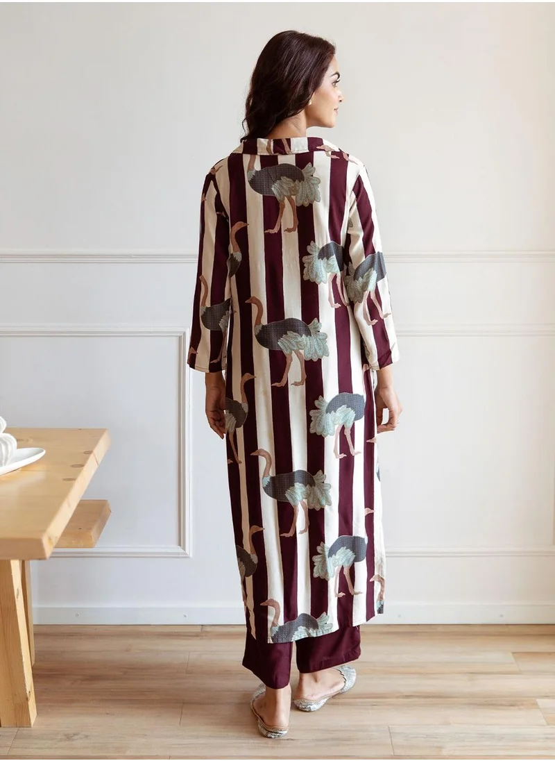 آي شين Straight Fit Printed Pattern Round Neck Long Sleeves Maroon Colour Knitted Cotton Kurta Set for Women with Semi Elastic Closure - An Ideal Pick for Any Occasion