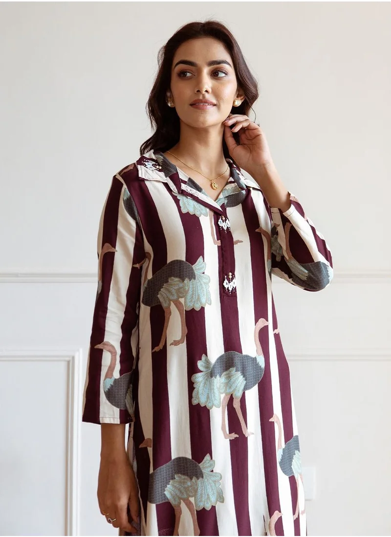 آي شين Straight Fit Printed Pattern Round Neck Long Sleeves Maroon Colour Knitted Cotton Kurta Set for Women with Semi Elastic Closure - An Ideal Pick for Any Occasion