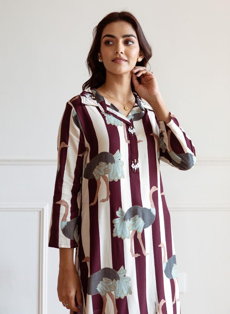 ISHIN Women's Maroon 100% Cotton Printed Straight Fit Kurta Set  - Image 1