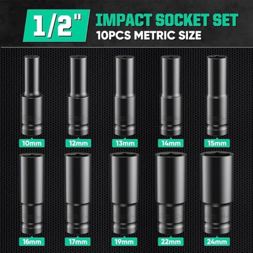 STARQ 10pcs Impact Socket Set 10–24MM with 1/2" Drive to 1/4" Hex Adapter Converter, Long Deep Sockets + Quick Release Chuck for Drill & Ratchet - Image 4