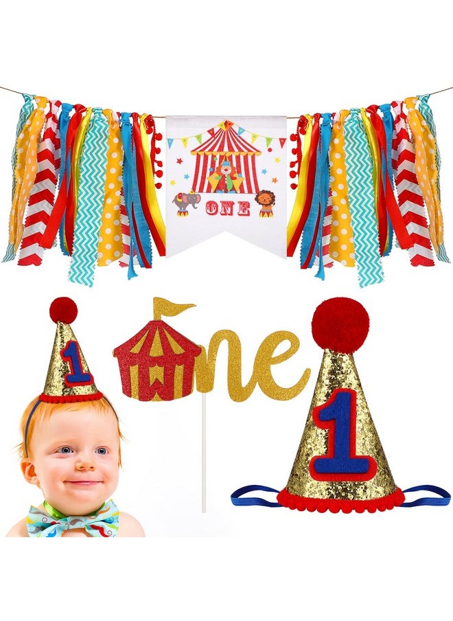 Amosfun - Circus Carnival Baby 1St Birthday Party Decorations Kit With Birthday Cone Hat One Cake Topper High Chair Banner Baby Girl Boy First Birthday Decorations - Image 1