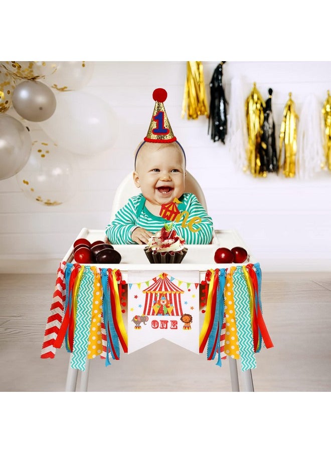 Amosfun - Circus Carnival Baby 1St Birthday Party Decorations Kit With Birthday Cone Hat One Cake Topper High Chair Banner Baby Girl Boy First Birthday Decorations - Image 1