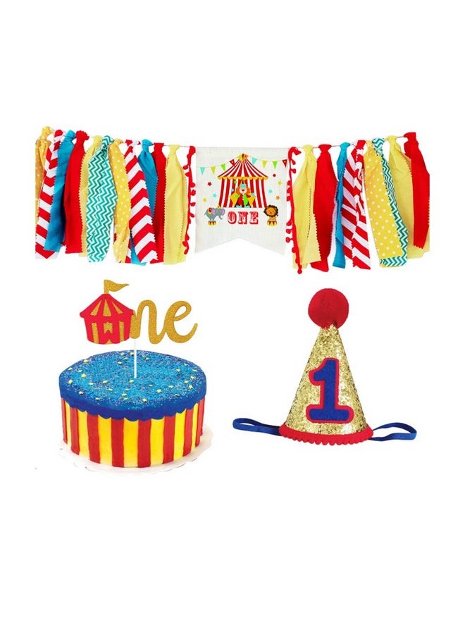Amosfun - Circus Carnival Baby 1St Birthday Party Decorations Kit With Birthday Cone Hat One Cake Topper High Chair Banner Baby Girl Boy First Birthday Decorations - Image 1
