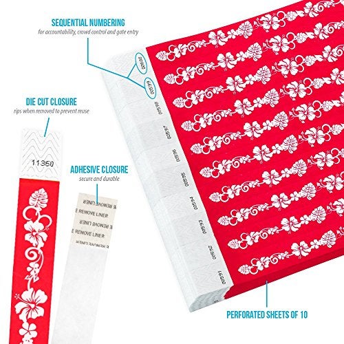 Wristco 500 WristCo Red Hawaiian Flower Tyvek Wristbands for Events - Comfortable Tear Resistant Paper Bracelets ID Wrist Bands for Concerts Festivals Admission Party Identification - Image 2