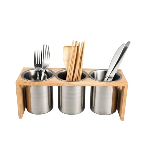 IMEEA Silverware Caddy Flatware Holder Stainless Steel Utensil Caddy Organizer with Wood Base for Countertop Parties Kitchen - Image 1