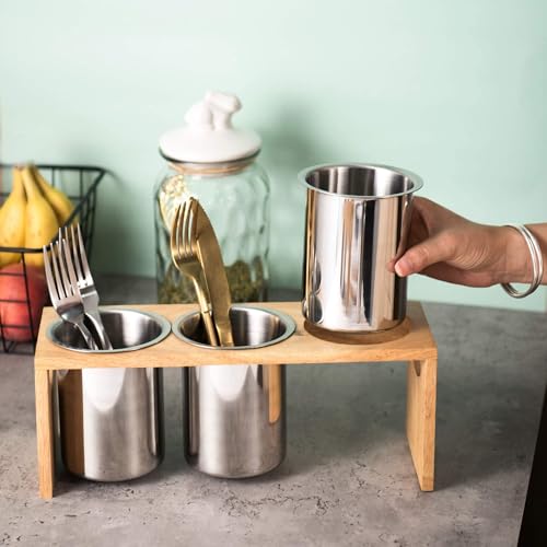 IMEEA Silverware Caddy Flatware Holder Stainless Steel Utensil Caddy Organizer with Wood Base for Countertop Parties Kitchen - Image 3