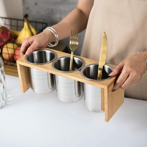 IMEEA Silverware Caddy Flatware Holder Stainless Steel Utensil Caddy Organizer with Wood Base for Countertop Parties Kitchen - Image 2