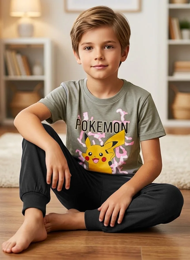 HAWRAA ABAYA Kids' Pokémon Pajama Set in Dusty Gray and Black – Cartoon T-Shirt and Shorts, Comfortable for Everyday Wear