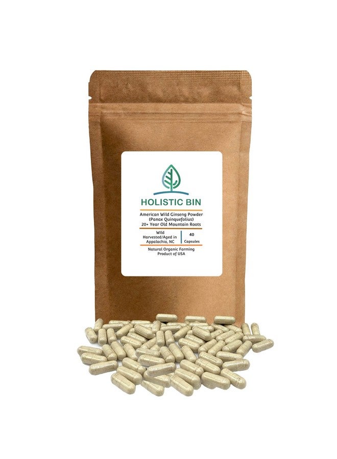 Holistic Bin Wild American Ginseng Capsules Pure Organic Ginseng Supplement Made With Wild Harvested 20+ Year Old Roots From Appalachia (Panax Quinquefolius) ; No Fillers Or Additives (40 Capsules) - Image 1