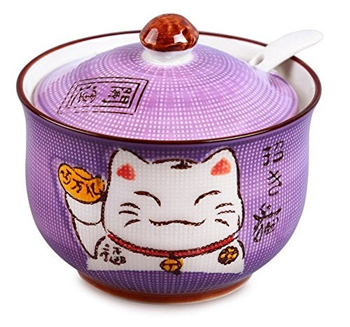 MISS TUTU Ceramics Japanese Maneki Neko Lucky Cat Sugar Salt Pepper Storage Jar with Lid And Spoon - Image 1