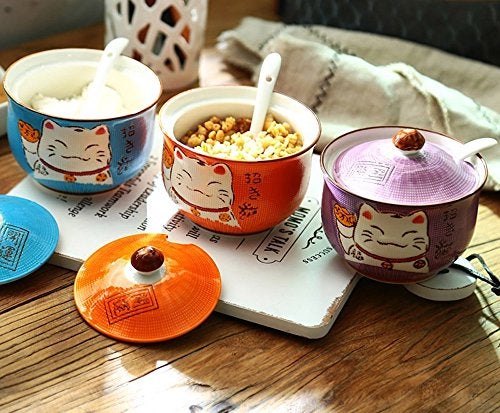 MISS TUTU Ceramics Japanese Maneki Neko Lucky Cat Sugar Salt Pepper Storage Jar with Lid And Spoon - Image 4