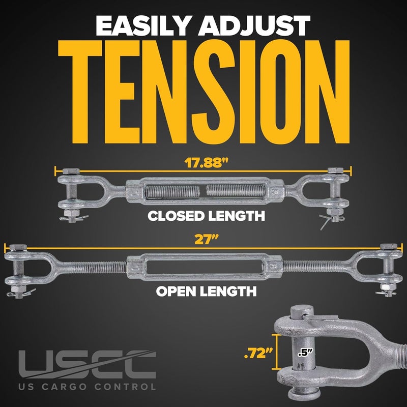 US Cargo Control Jaw and Jaw Turnbuckle, 5/8" x 9", 3,500 LBS Working Load Limit, UNC Thread Hot-Dipped Galvanized Turnbuckle Heavy Duty for Wire Rope, in-Line Pulls & Tension Applications - Image 2