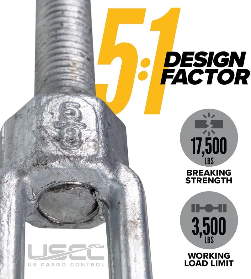 US Cargo Control Jaw and Jaw Turnbuckle, 5/8" x 9", 3,500 LBS Working Load Limit, UNC Thread Hot-Dipped Galvanized Turnbuckle Heavy Duty for Wire Rope, in-Line Pulls & Tension Applications - Image 3