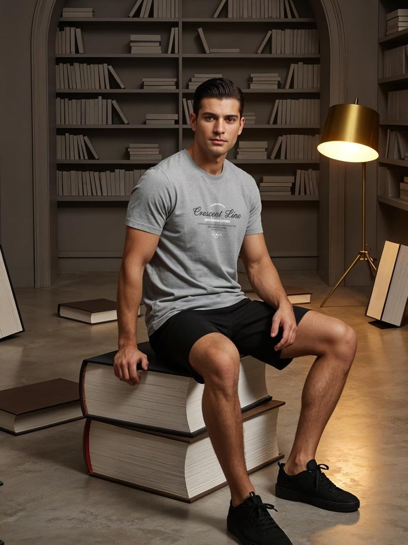 adro تي شيرت ADRO للرجال بقصة عادية - تصميم كلاسيكي بخط هلالي باللون الرمادي - Image 5