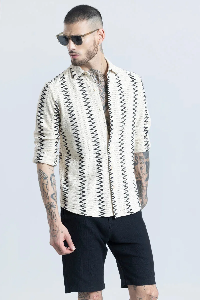 سنيتش Rich Eggshell White Geometric Long Sleeve Slim Fit Casual Shirt
