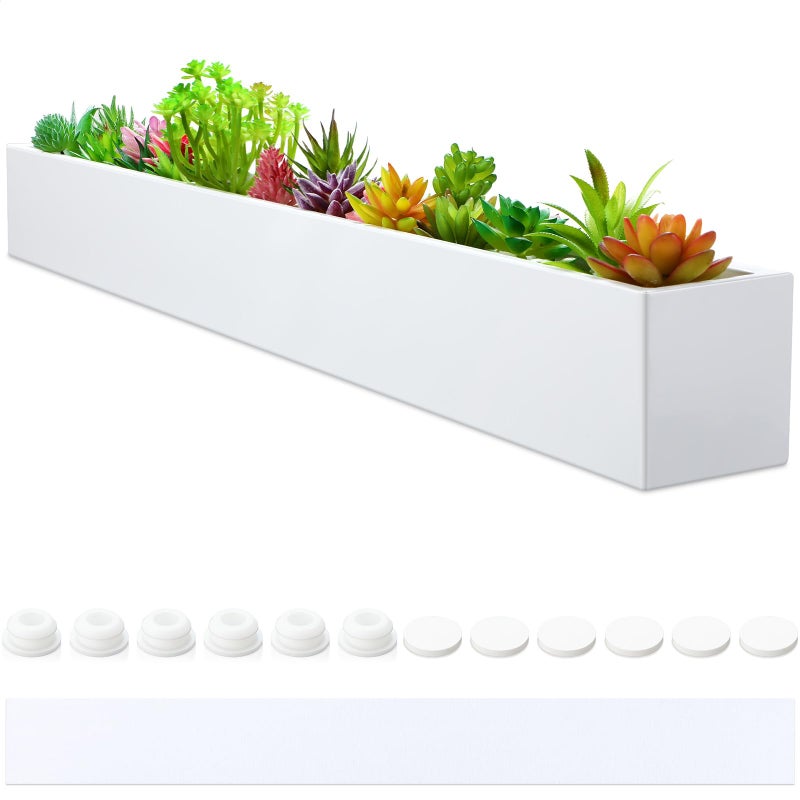 FillTouch 1 Pcs Long Rectangular Planter Box Window Sill Plant Box Metal Water Trough Indoor Large Modern Steel with Drainage Holes Herb Garden Home (32 x 3.5 x 3.5 Inch,White) - Image 1