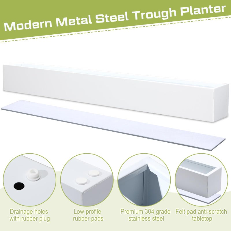 FillTouch 1 Pcs Long Rectangular Planter Box Window Sill Plant Box Metal Water Trough Indoor Large Modern Steel with Drainage Holes Herb Garden Home (32 x 3.5 x 3.5 Inch,White) - Image 5