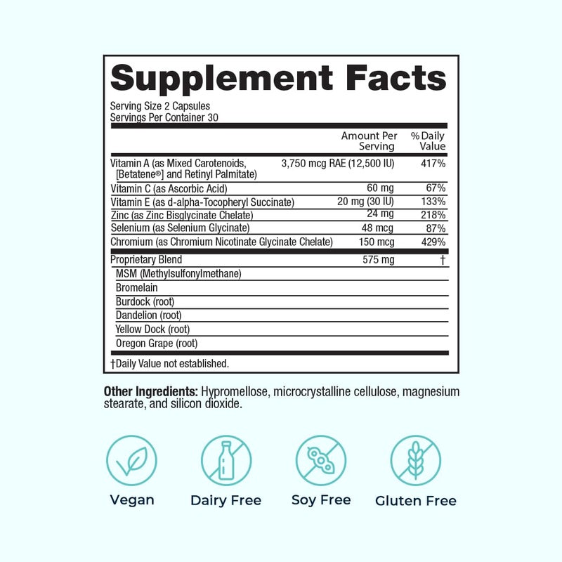 VitaMedica Clear Skin Vitamin Formula | Noncystic Acne Supplement for Skin Clearing | Clear Complexion for Women and Men | Vitamins A, C, E, Selenium, Chromium, and Zinc for Skin Health | 60 Count - Image 3