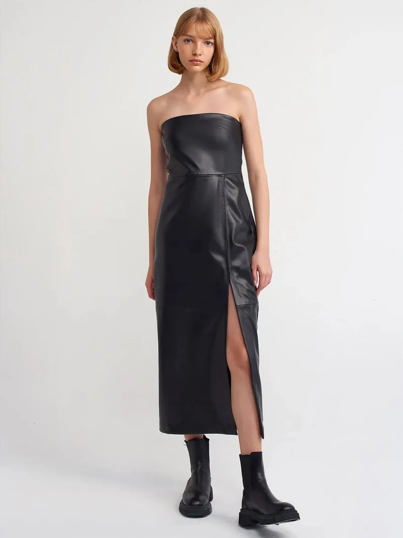 ديلفين Dilvin Women's Strapless Faux Leather Midi Dress