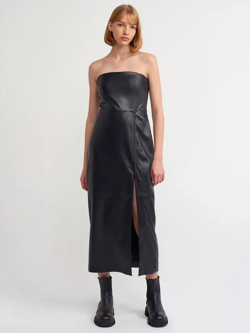 ديلفين Dilvin Women's Strapless Faux Leather Midi Dress