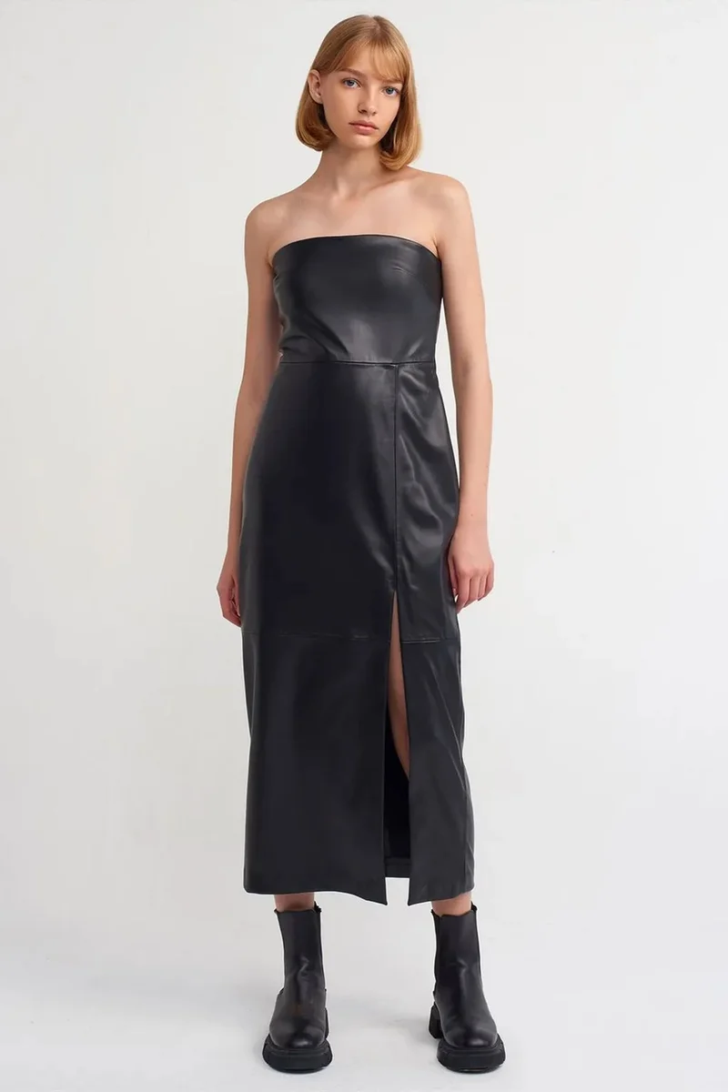 Dilvin Black DILVIN Women's Strapless Faux Leather Midi Dress for Women | Best Price UAE