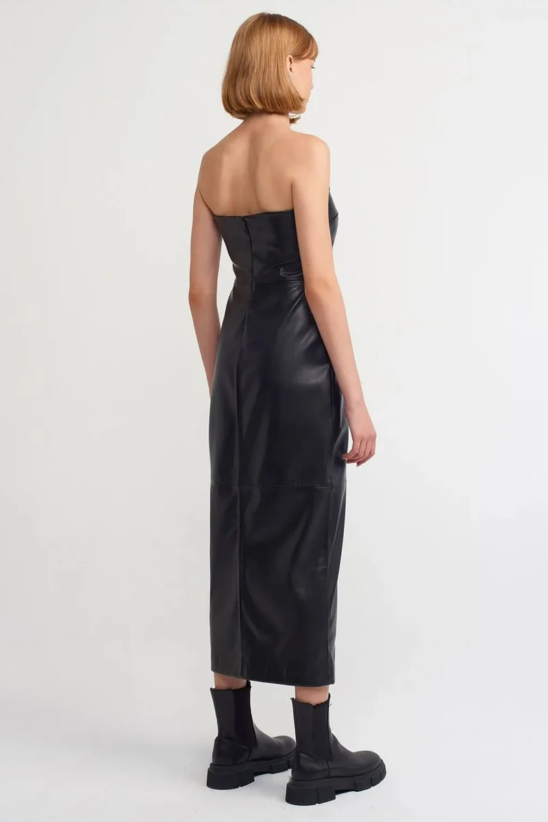 Dilvin Black DILVIN Women's Strapless Faux Leather Midi Dress for Women | Best Price UAE