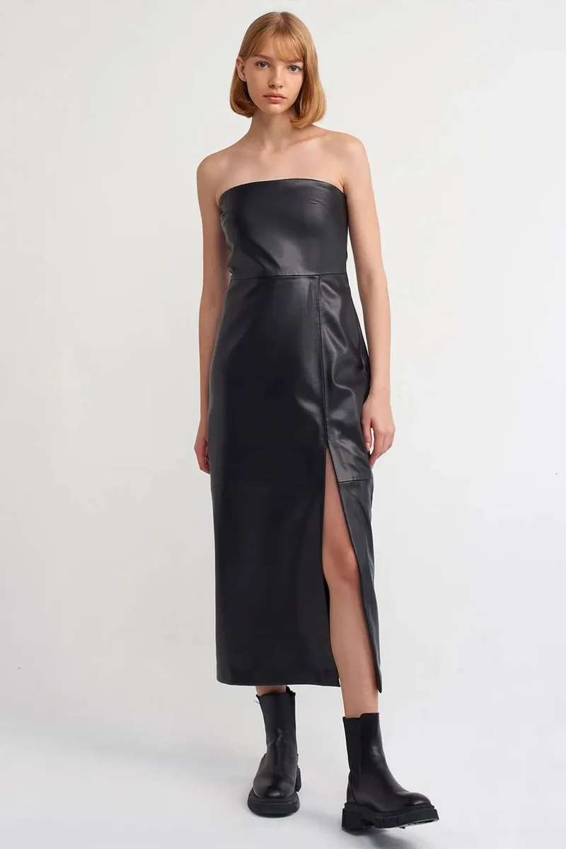 DILVIN Women's Strapless Faux Leather Midi Dress